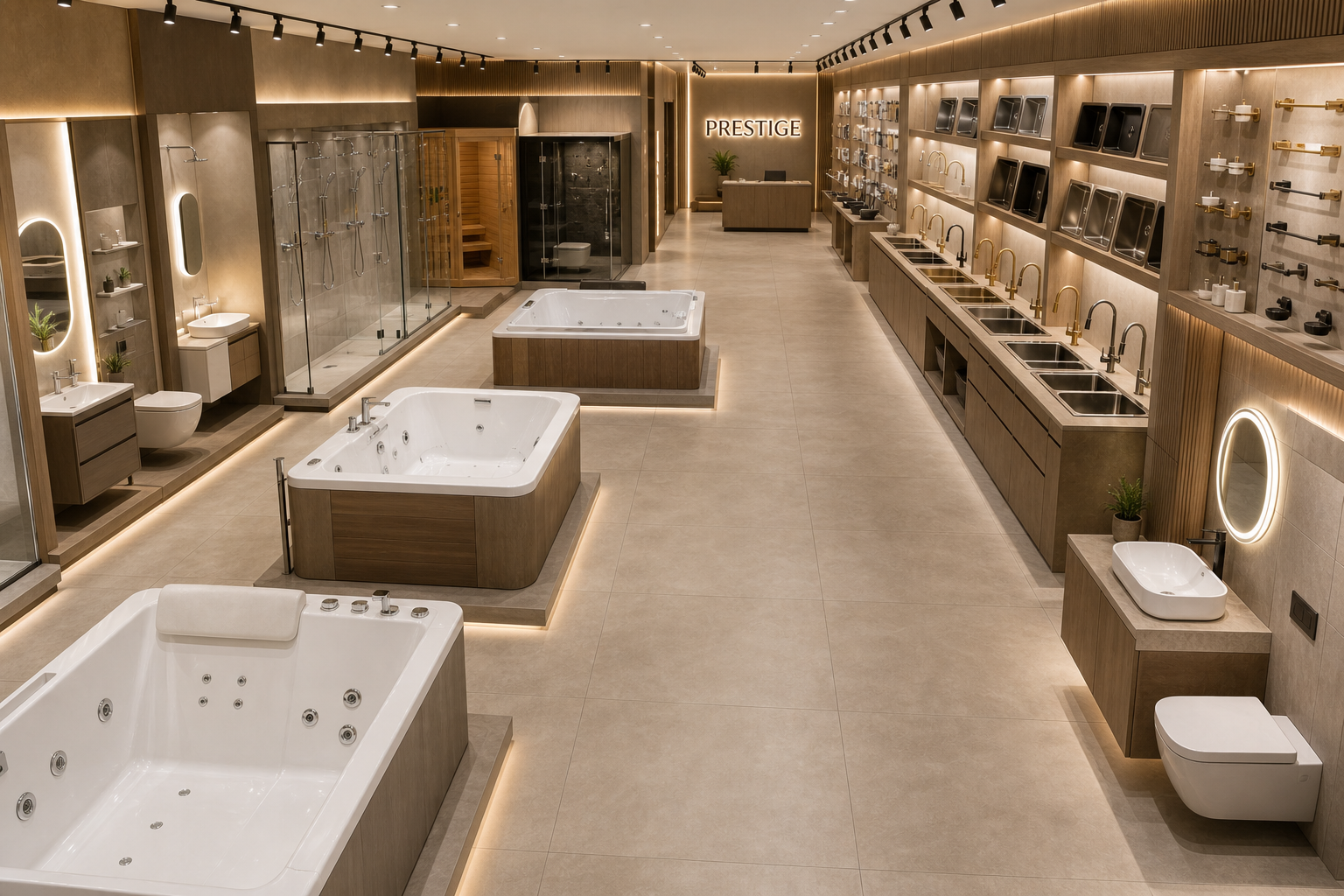 AI concept of a premium bathware showroom with bathtub, sanitaryware, sink and accessories zones