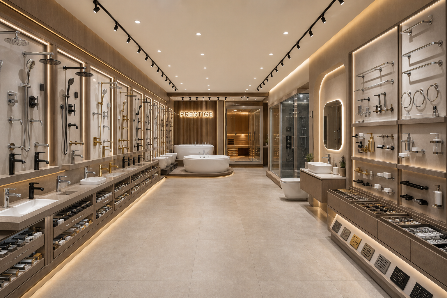 AI concept of a premium showroom aisle with faucets, showers and bath accessories displays