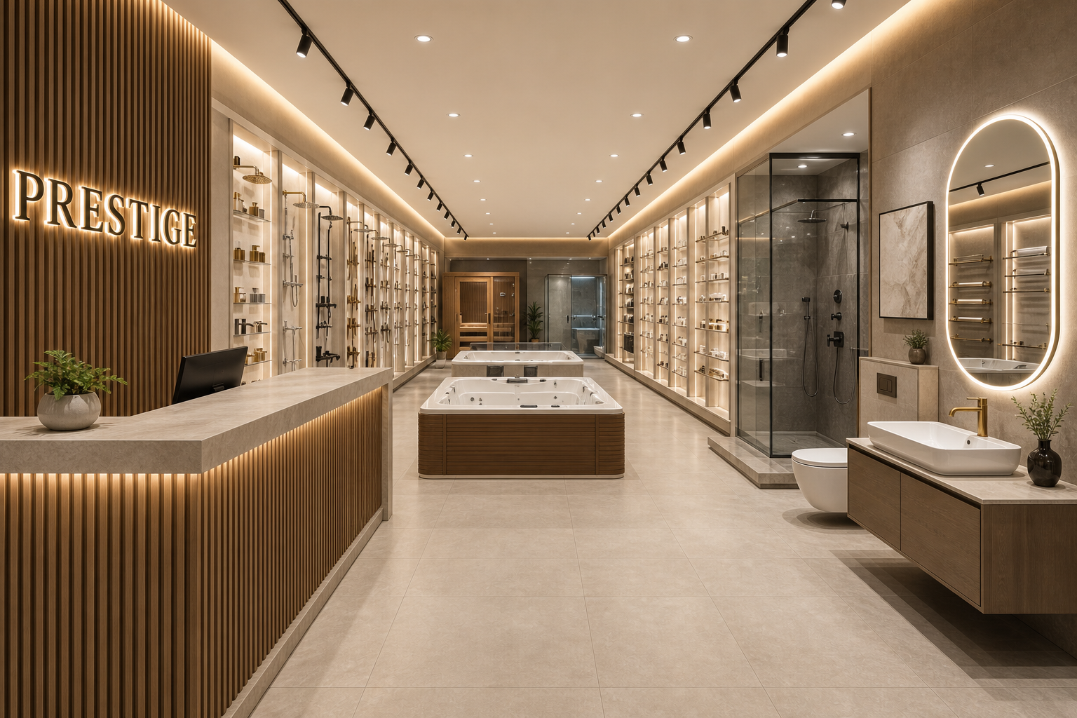 AI concept of a bathware showroom reception with illuminated display aisles