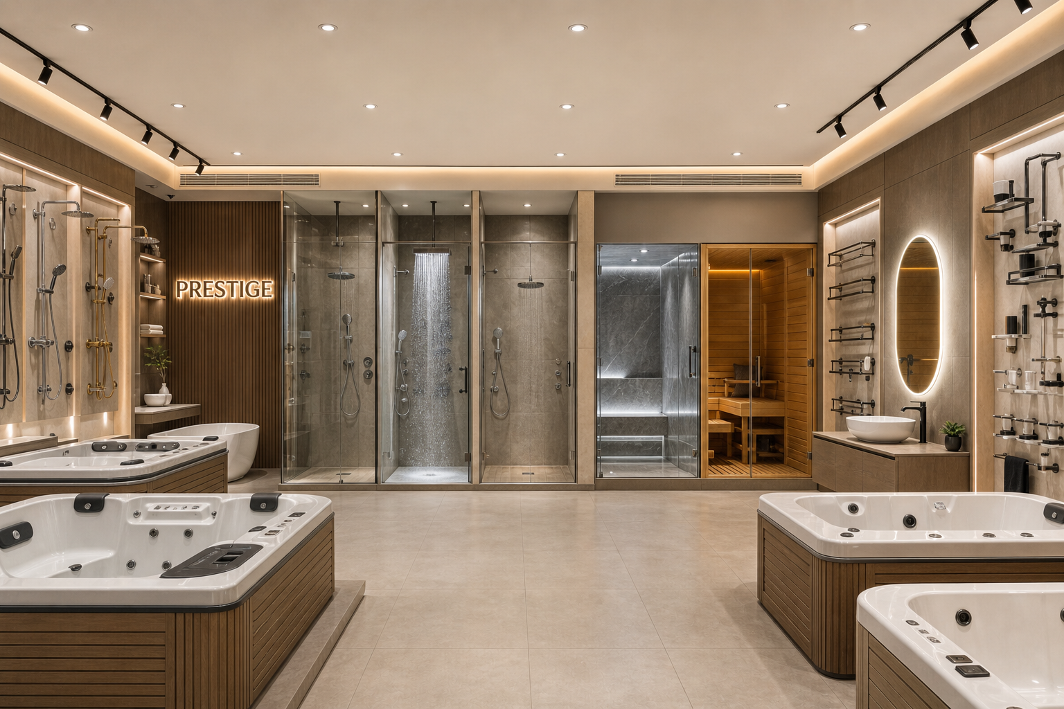 AI concept of a showroom wellness zone with showers, bathtubs and sauna display