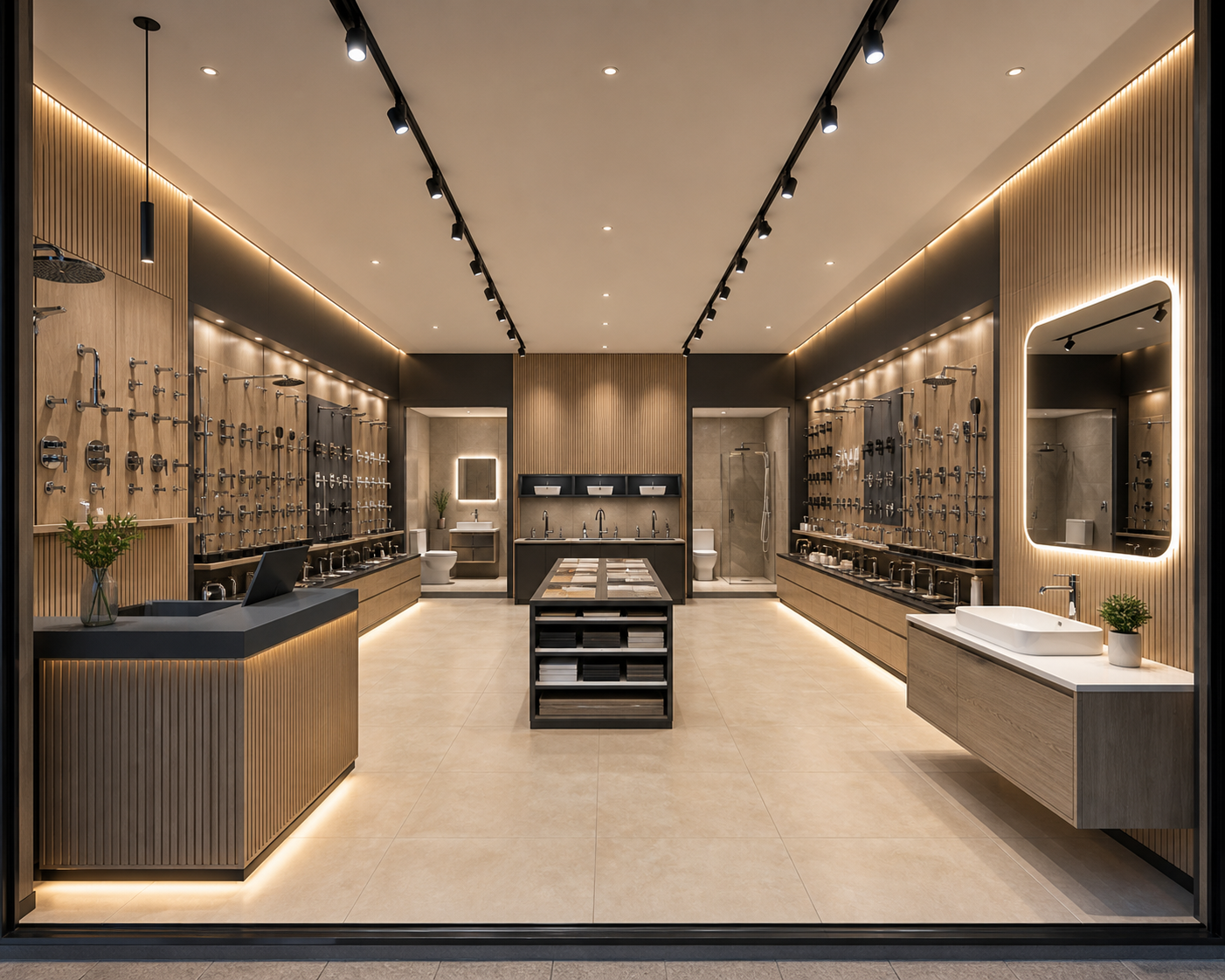 AI concept of a 1000 square foot flagship bathware showroom