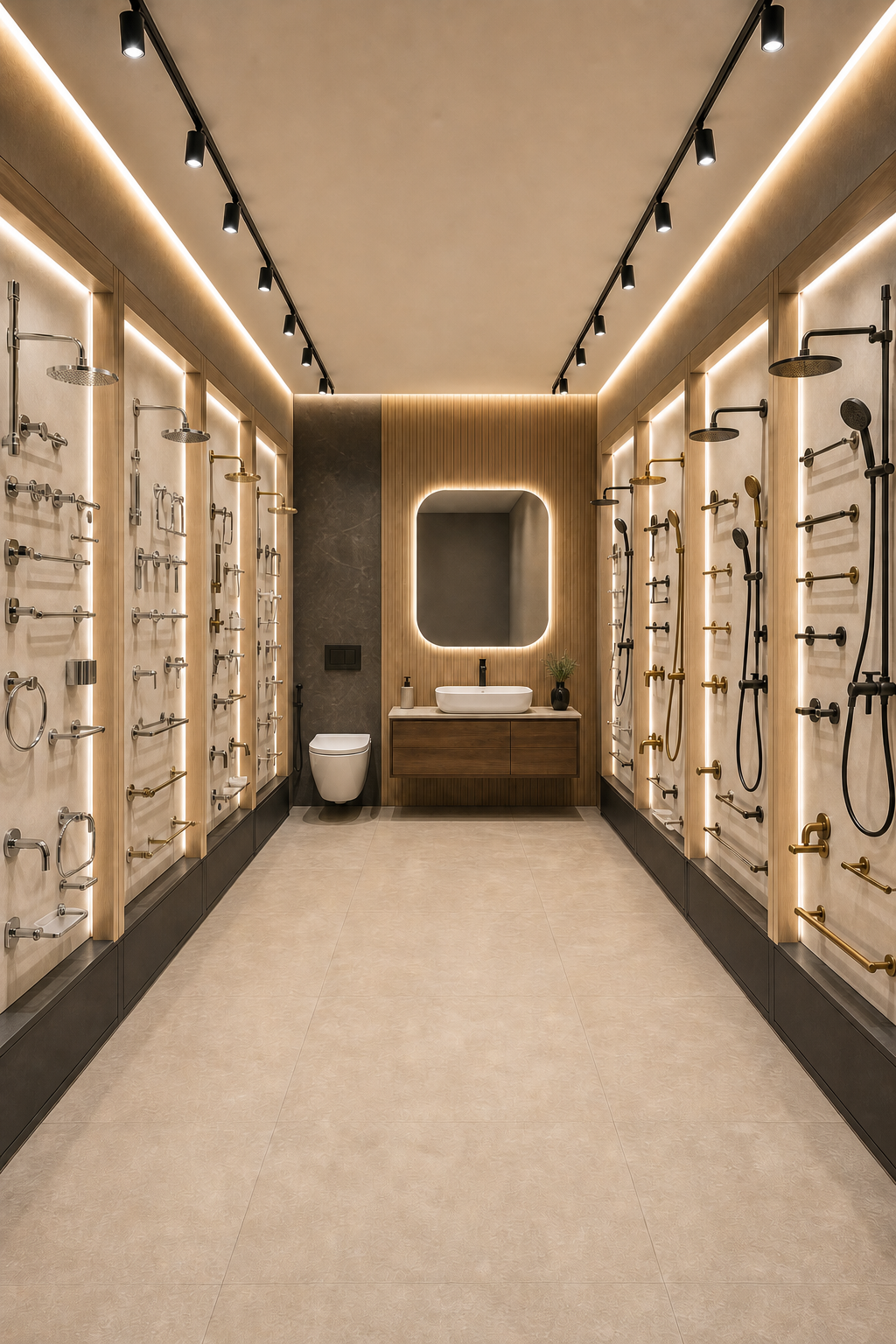 AI concept of a 250 square foot bathware showroom linear gallery layout