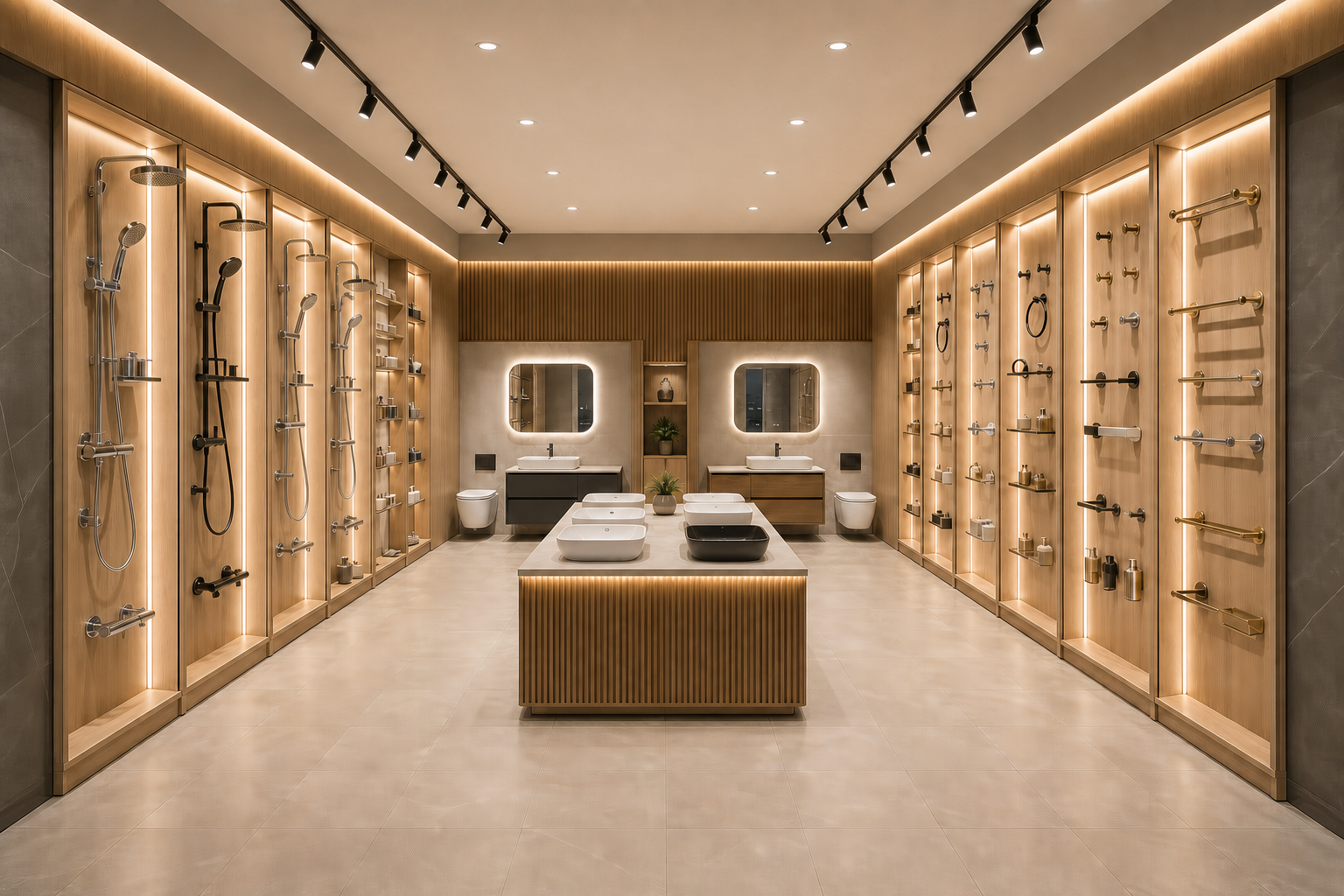 AI concept of a 500 square foot bathware showroom with central island