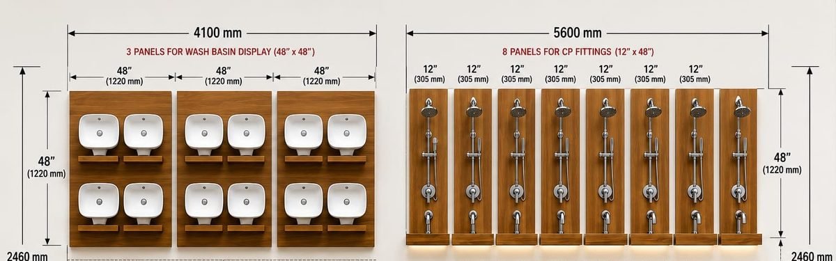 Wash basin and CP fittings display panel layout with measurements
