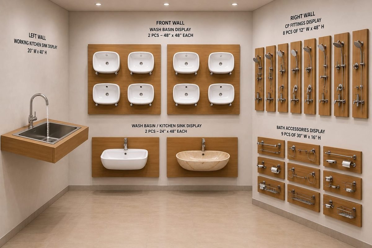 Left front and right wall display layout design for showroom