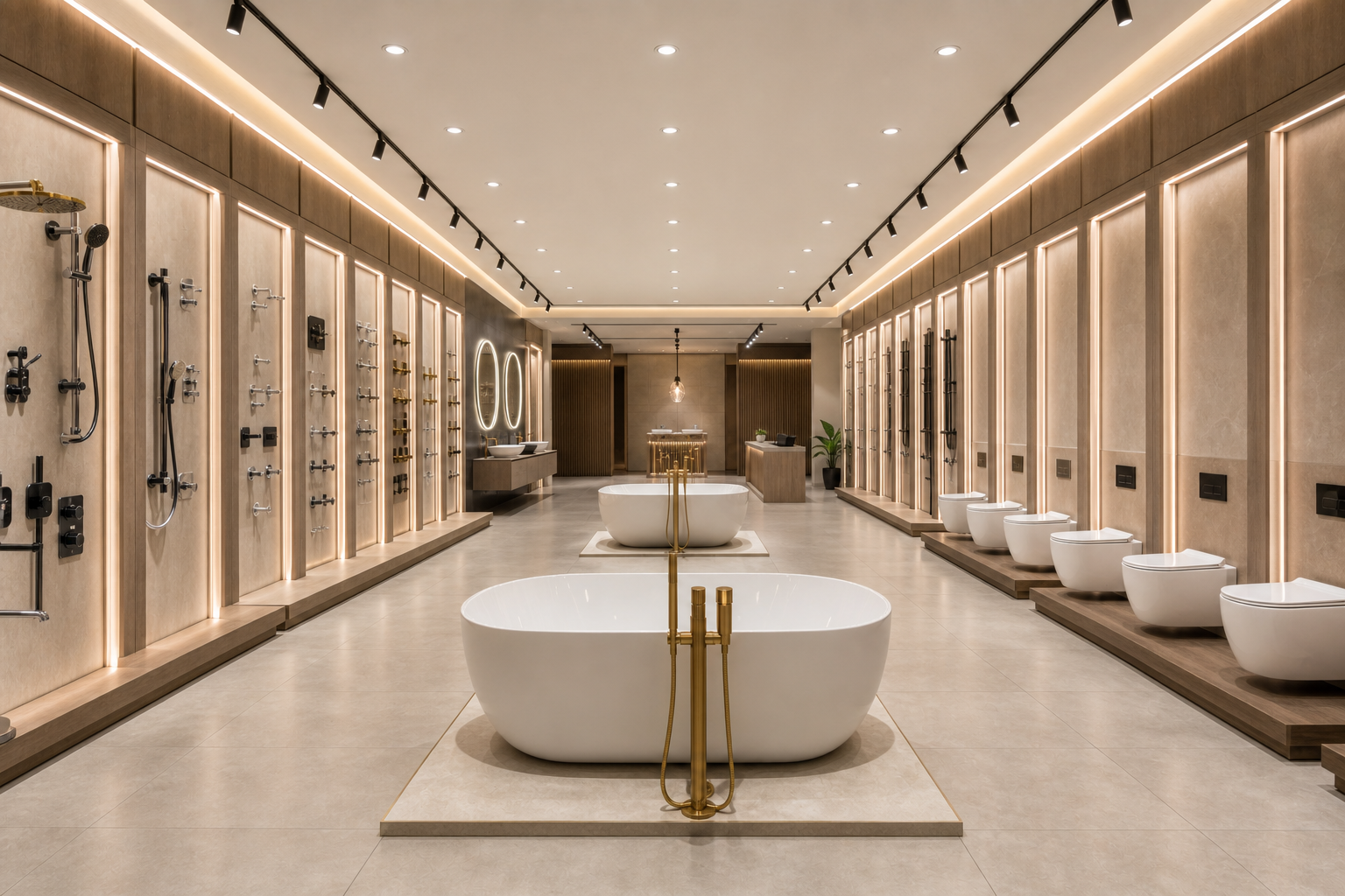 Concept visual of a bathware showroom with freestanding bathtub and illuminated product display walls