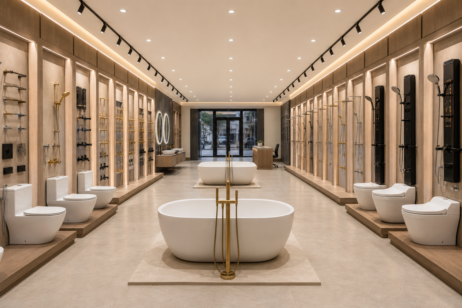 Concept visual of a complete bathware showroom with sanitaryware, shower and fitting display panels