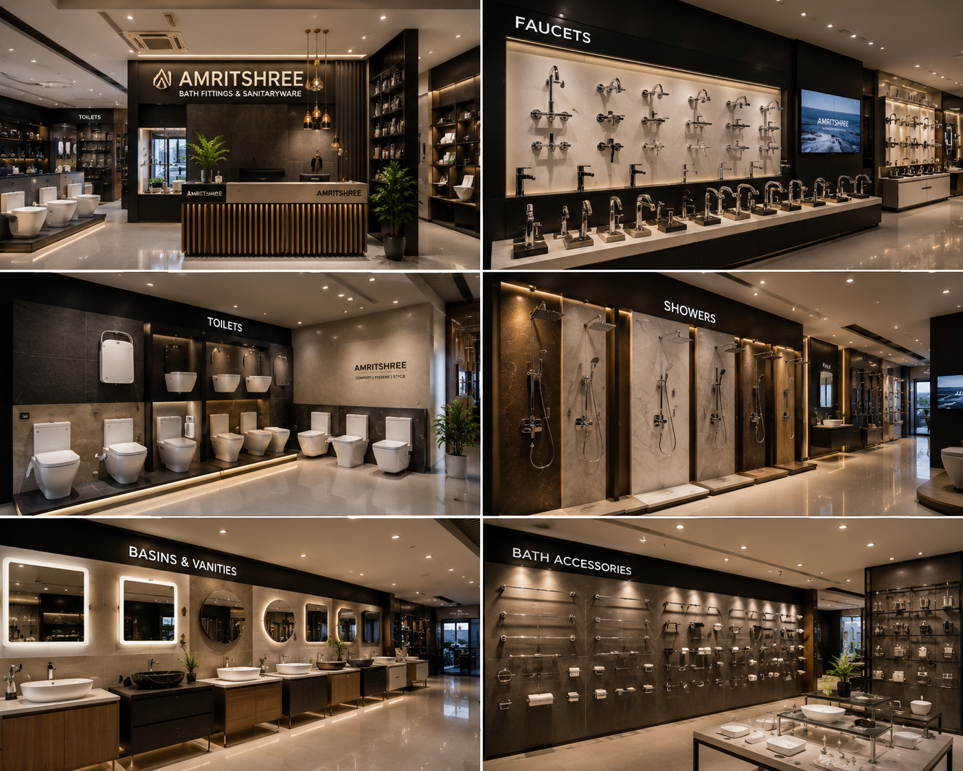 Concept visual of a premium bath fittings showroom with faucets, showers and accessories