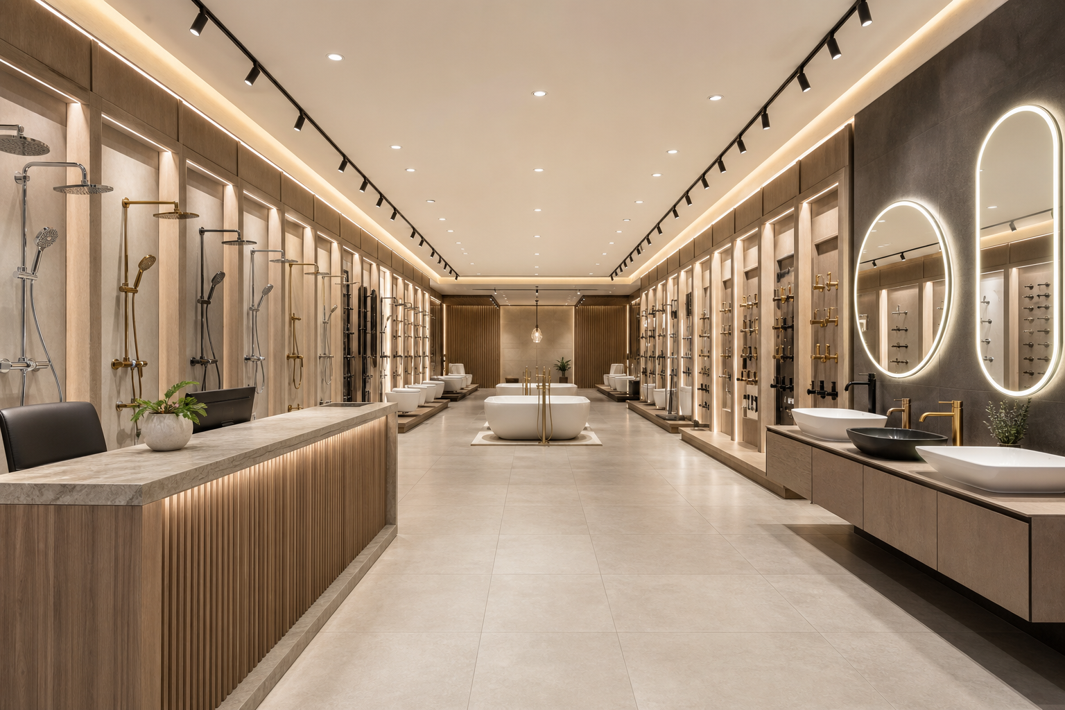 Concept visual of a warm-toned showroom aisle with shower panels, fittings and vanity displays