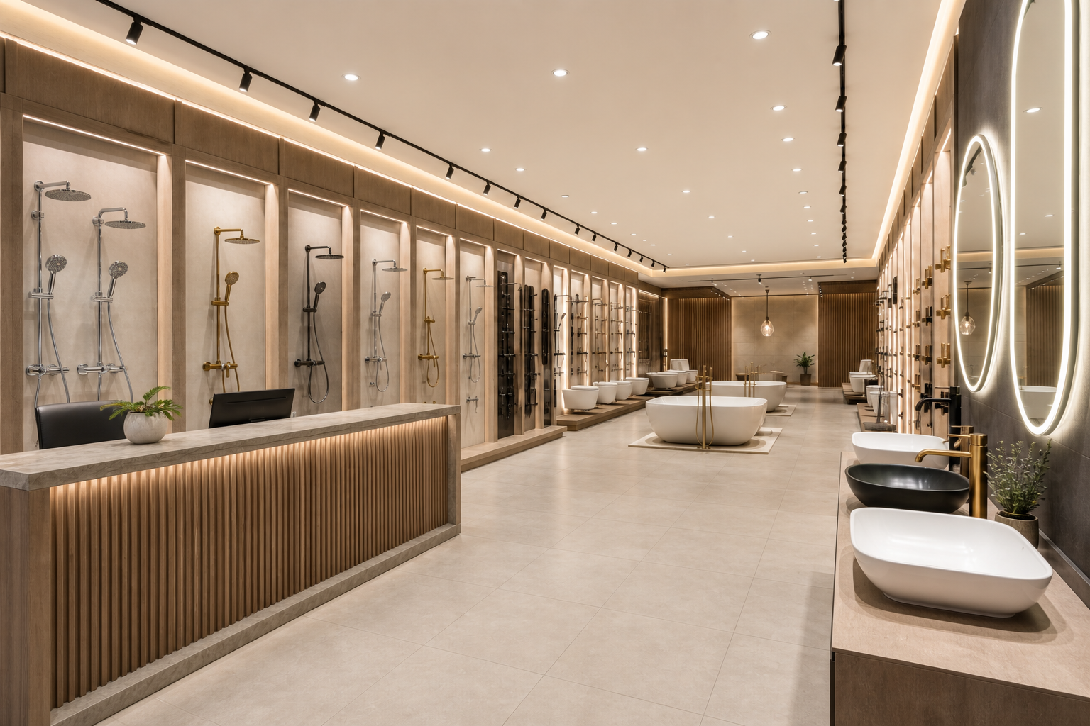 Concept visual of a premium bathware showroom with reception counter, shower displays and basin zone