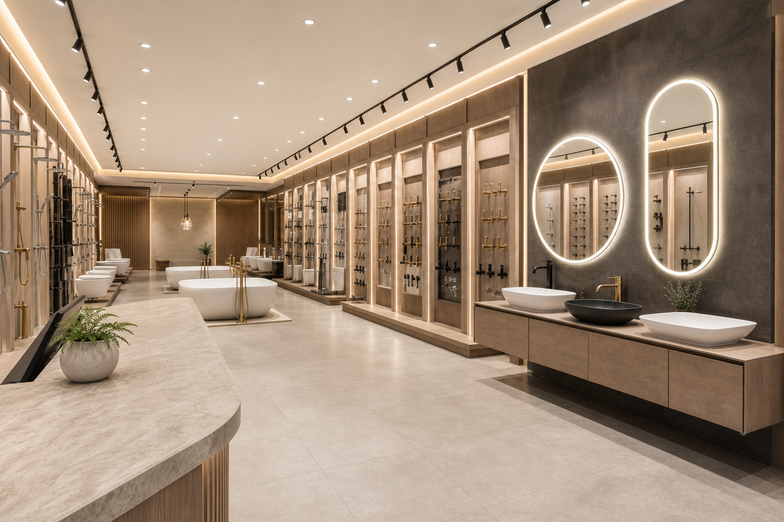 Concept visual of an illuminated bathware showroom vanity wall and product display bays